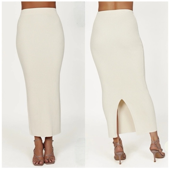 Meshki • Kaesha Split Midi Knitted Skirt in Bone - Picture 1 of 10